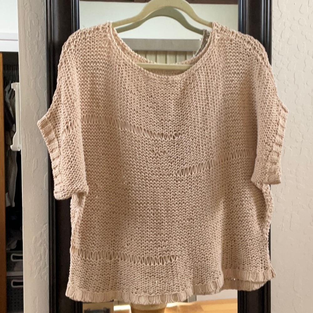 Dolman Sleeve Knit Crochet Blouse Drapey Top Sweater California Beach Beige M/L